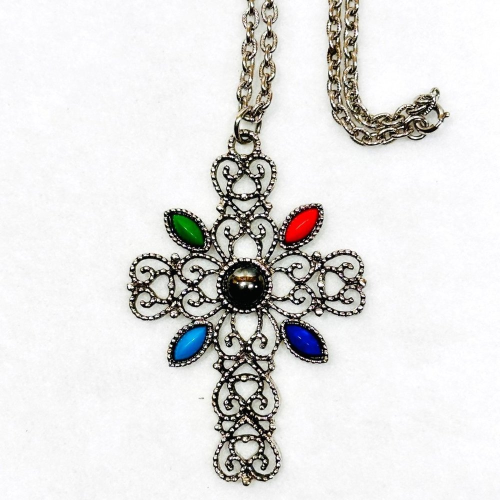 Vintage Avon Filigree Cross Necklace w/Faux Stones & Hematite - 22 Inches